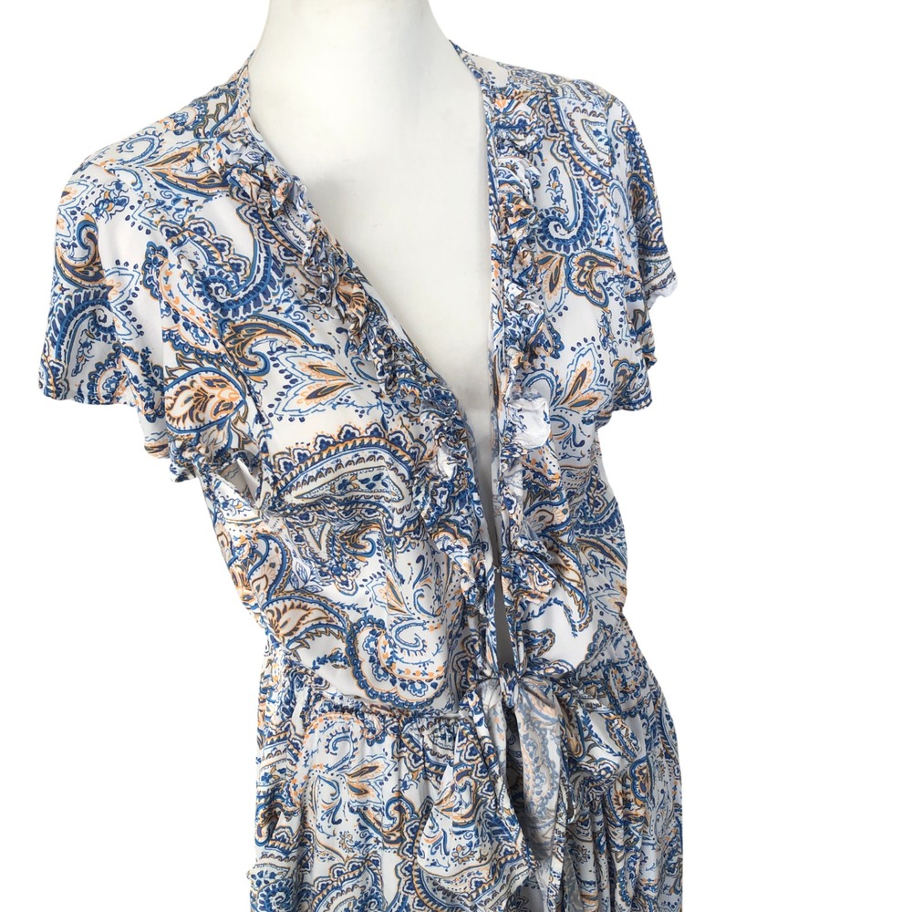 Women's Beyond The Radar Blue Paisley Cap Sleeve Hi-Low Ruffle Boho Maxi Dress L - Picture 8 of 16